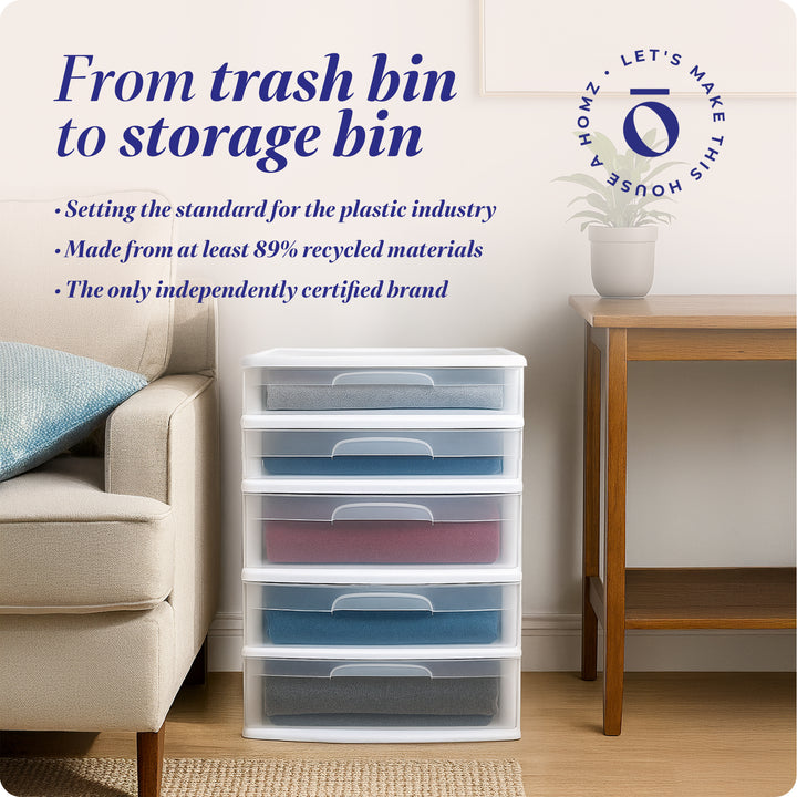 Homz Plastic 5 Drawer Storage Container Tower with Clear Drawers/White Frame