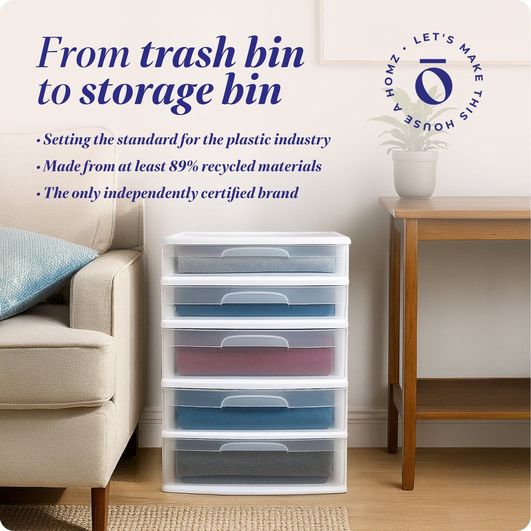 Homz Plastic 5 Drawer Storage Container Tower with Clear Drawers/White Frame