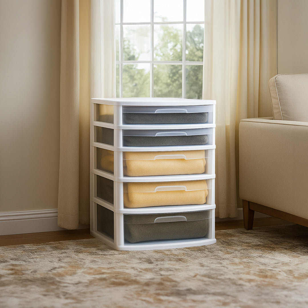 Homz Plastic 5 Drawer Storage Container Tower with Clear Drawers/White(Open Box)