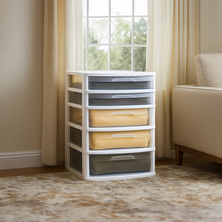 Homz Plastic 5 Drawer Storage Container Tower with Clear Drawers/White Frame