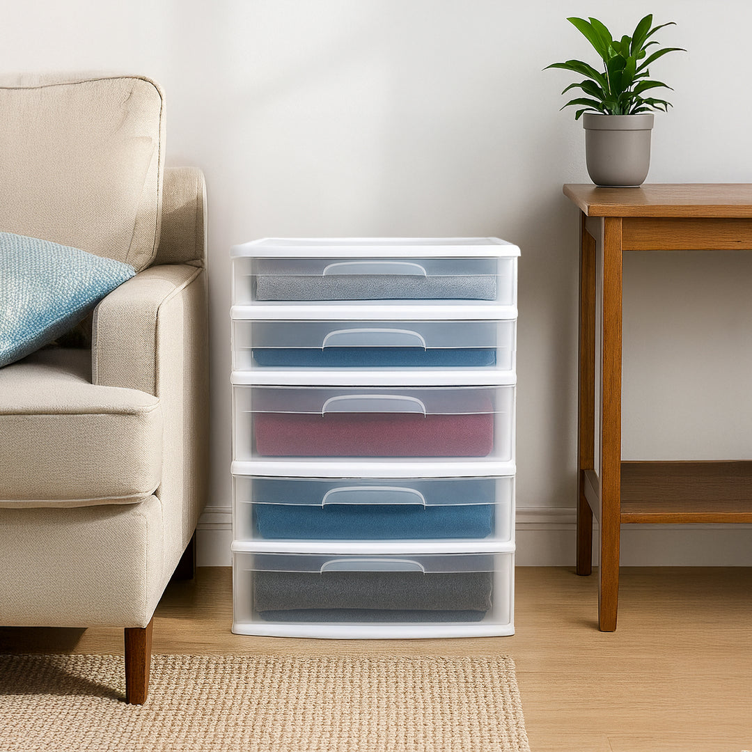 Homz Plastic 5 Drawer Storage Container Tower with Clear Drawers/White(Open Box)