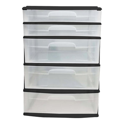 Homz Plastic 5 Drawer Storage Container Tower with Clear Drawers/Black Frame