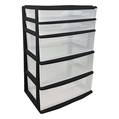 Homz Plastic 5 Drawer Storage Container Tower with Clear Drawers/Black Frame