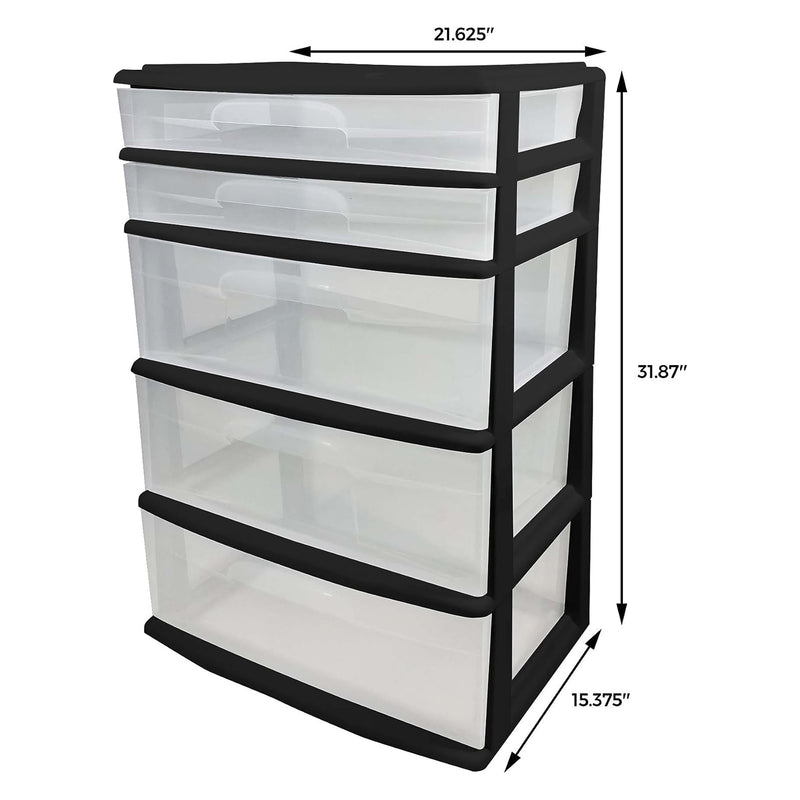 Homz Plastic 5 Drawer Storage Container Tower with Clear Drawers/Black Frame