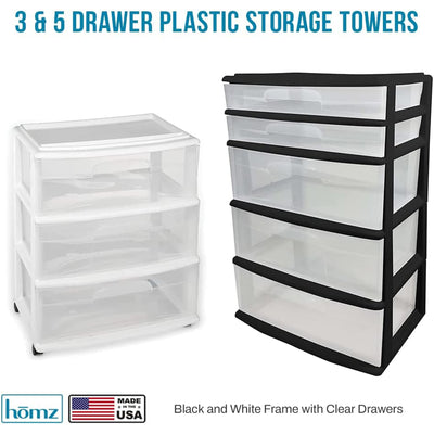 Homz Plastic 5 Drawer Storage Container Tower with Clear Drawers/Black Frame