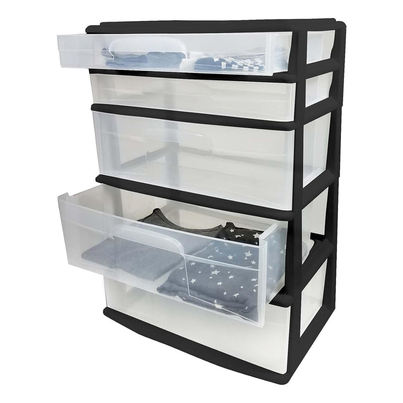 Homz Plastic 5 Drawer Storage Container Tower with Clear Drawers/Black Frame