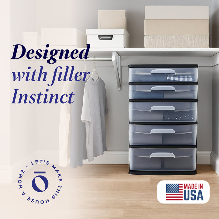 Homz Black Plastic 5 Drawer Storage Container Tower with Clear Drawers(Open Box) - VMInnovations