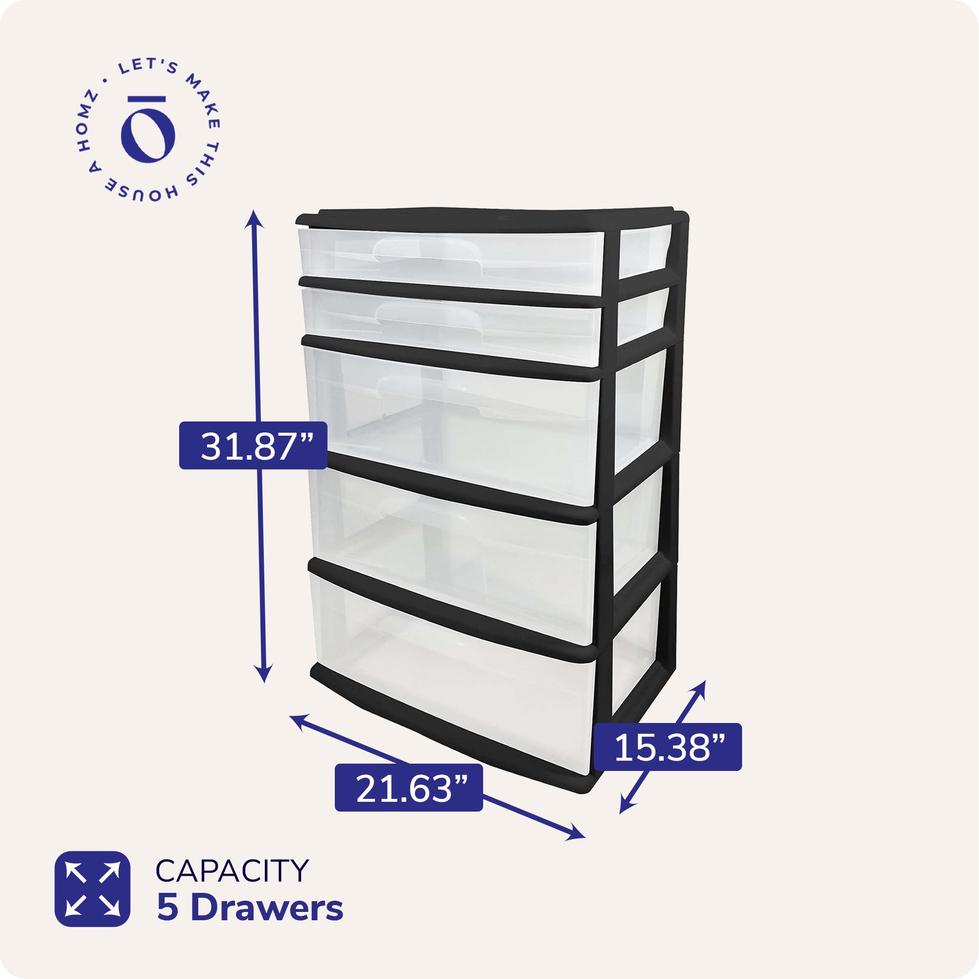 Homz Plastic 5 Drawer Storage Container Tower with Clear Drawers/Black Frame