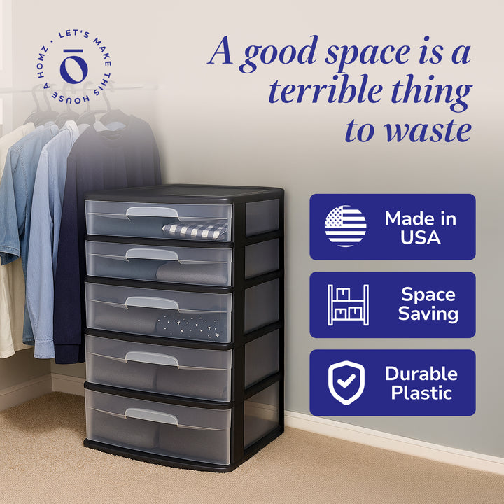 Homz Plastic 5 Drawer Storage Container Tower with Clear Drawers/Black Frame