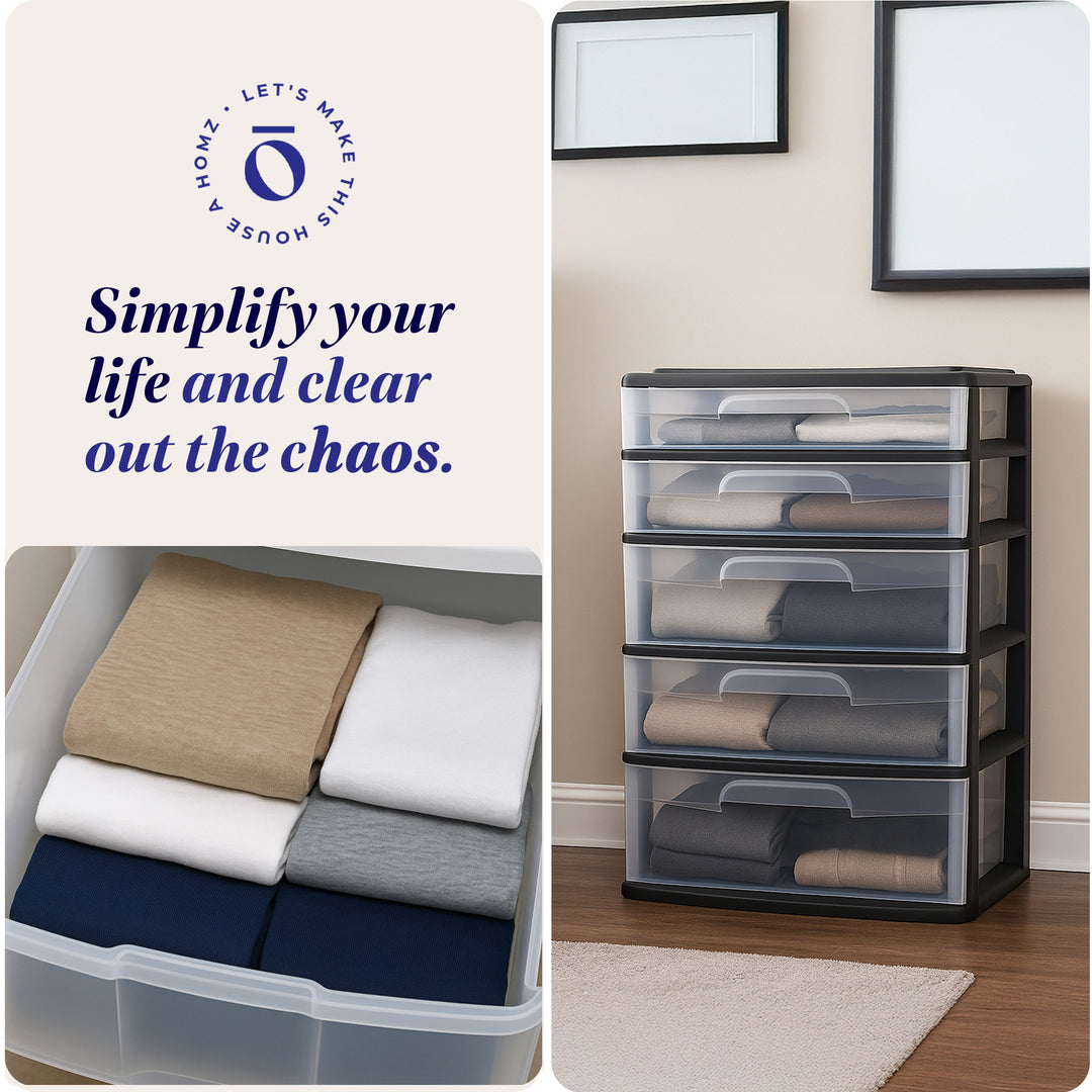 Homz Plastic 5 Drawer Storage Container Tower with Clear Drawers/Black Frame