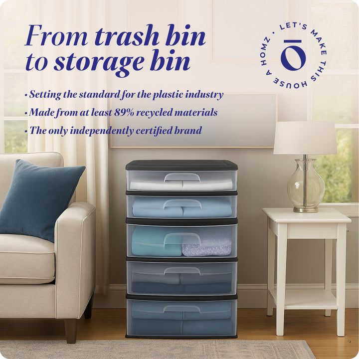 Homz Black Plastic 5 Drawer Storage Container Tower with Clear Drawers(Open Box)