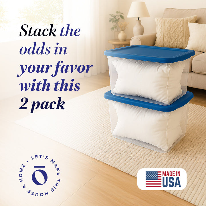 Homz 56 Qt Stackable Plastic Storage Container with Snaplock Lid, Blue (2 Pack)