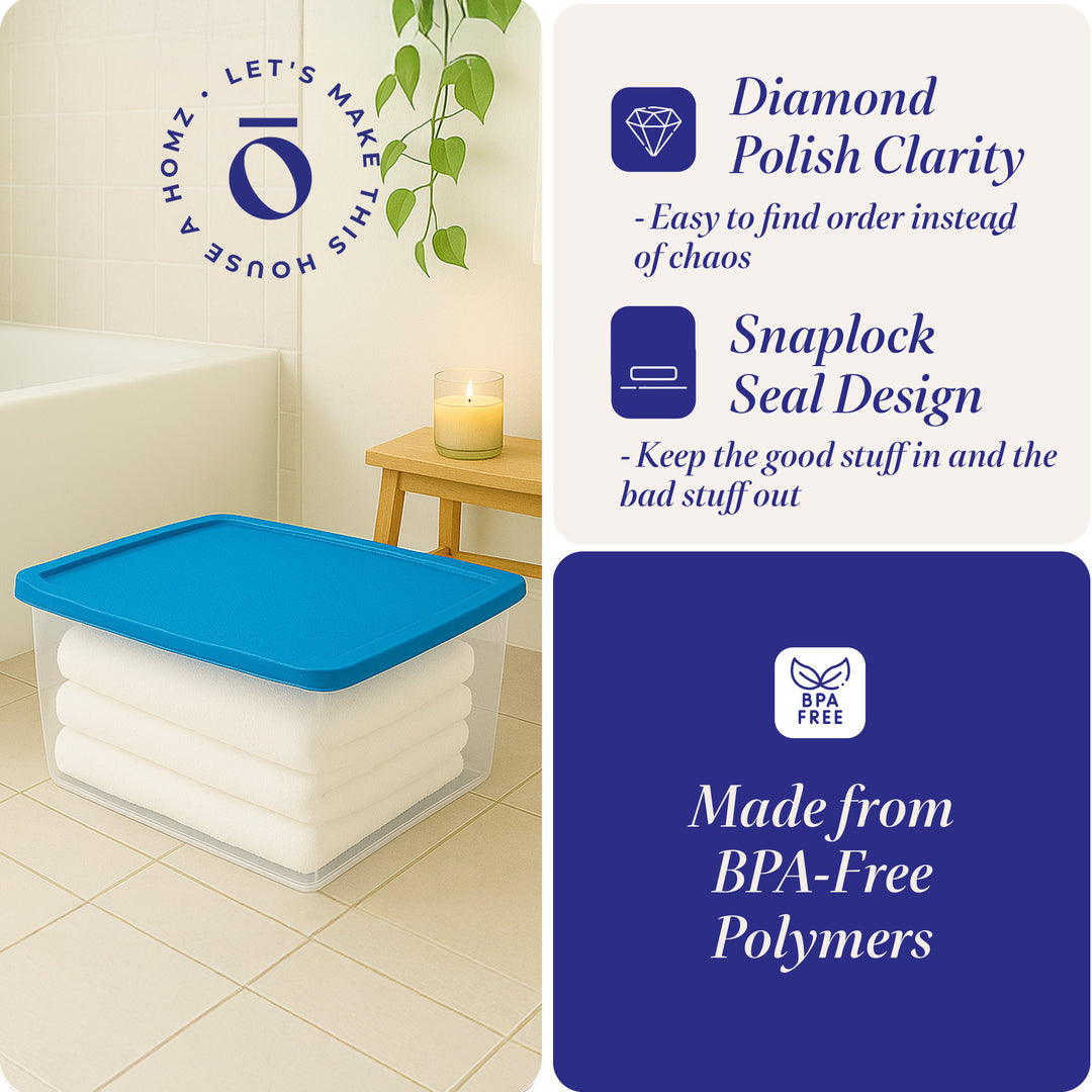 Homz 56 Qt Stackable Plastic Storage Container with Snaplock Lid, Blue (2 Pack)