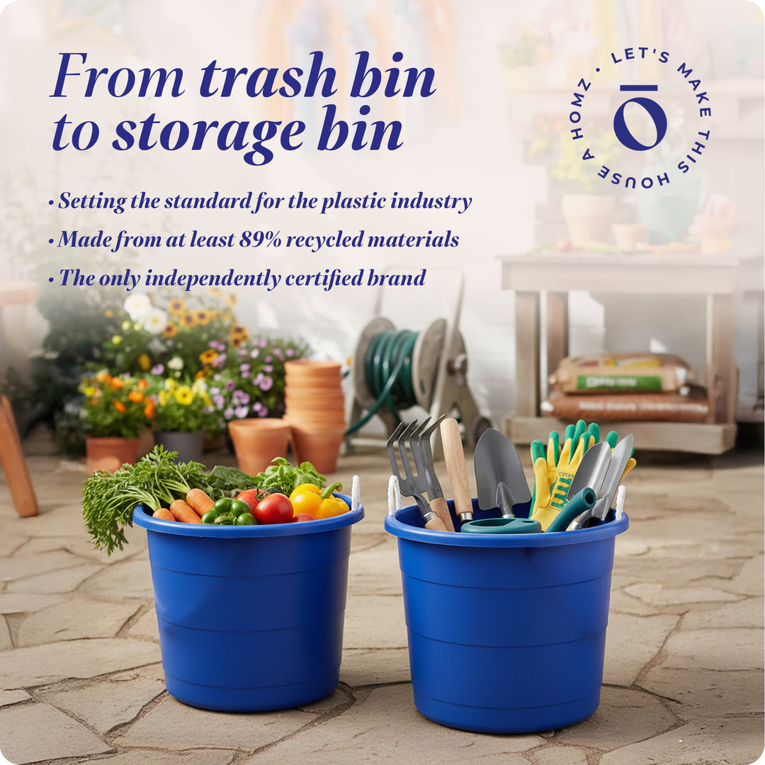 Homz 17 Gallon Indoor Outdoor Storage Bucket with Rope Handles, Blue (2 Pack)