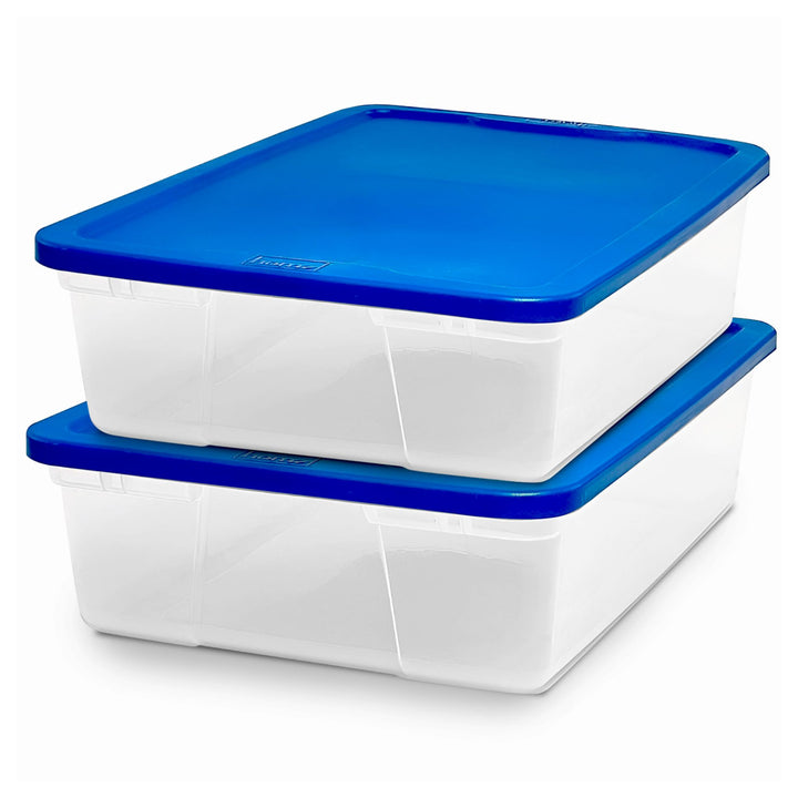 Homz 28 Qt Snaplock Clear Plastic Storage Container Bin with Lid, Blue (2 Pack)