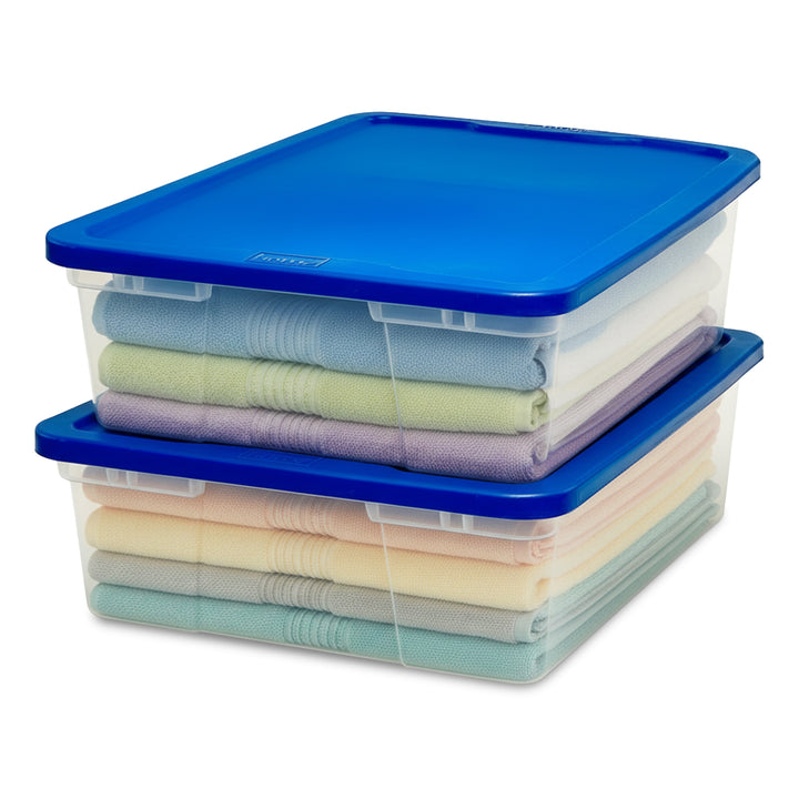 Homz 28 Qt Snaplock Clear Plastic Storage Container Bin with Lid, Blue (2 Pack)