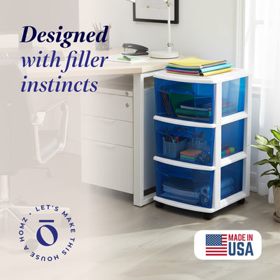 Homz Plastic 3 Drawer Medium Storage Container Tower, Blue Drawers/White Frame - VMInnovations