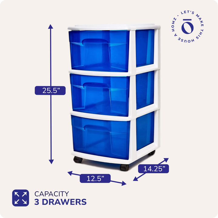 Homz Plastic 3 Drawer Medium Storage Container Tower, Blue Drawers/White Frame