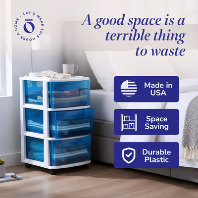 Homz Plastic 3 Drawer Medium Storage Container Tower, Blue Drawers/White Frame - VMInnovations