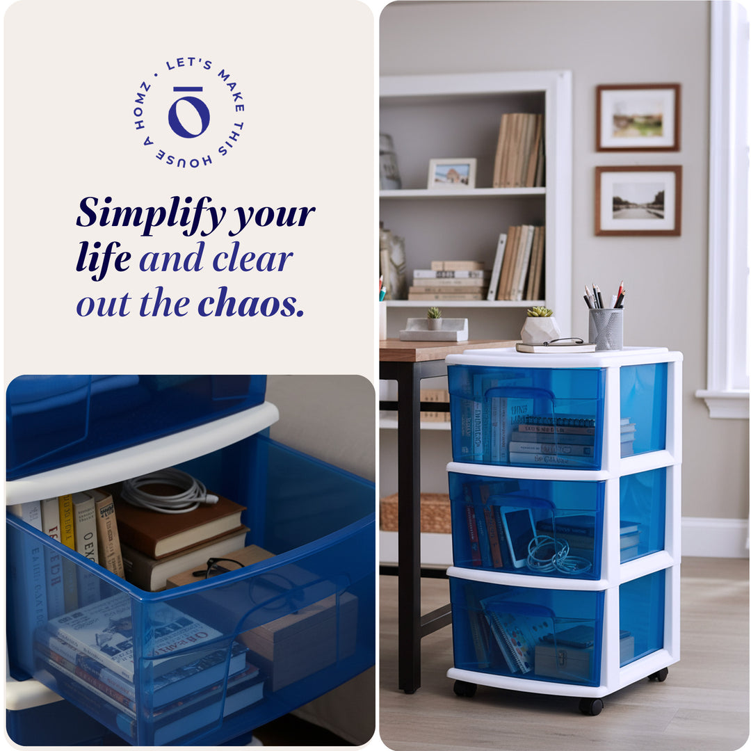 Homz Plastic 3 Drawer Medium Storage Container Tower, Blue Drawers/White Frame
