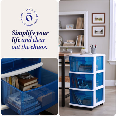 Homz Plastic 3 Drawer Medium Storage Container Tower, Blue Drawers/White Frame - VMInnovations