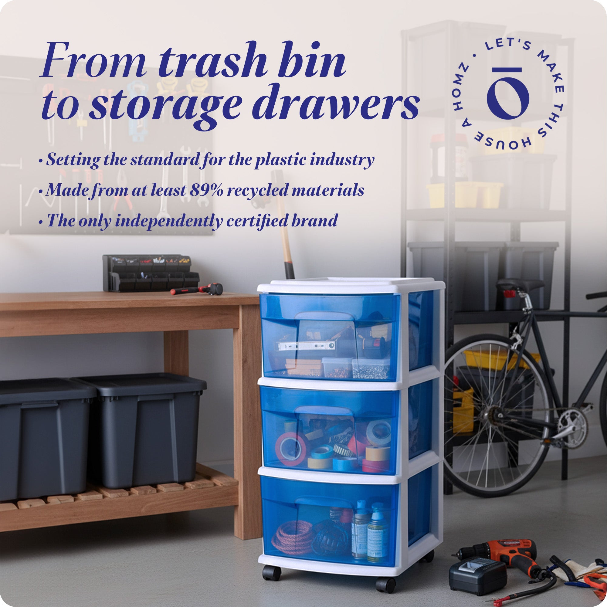 Homz Plastic 3 Drawer Medium Storage Container Tower, Blue Drawers/White Frame - VMInnovations
