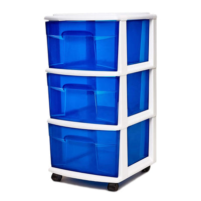 Homz Plastic 3 Drawer Medium Storage Container Tower, Blue Drawers/White Frame - VMInnovations
