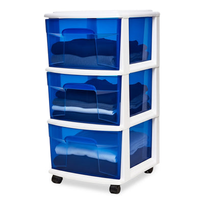 Homz Plastic 3 Drawer Medium Storage Container Tower, Blue Drawers/White Frame - VMInnovations
