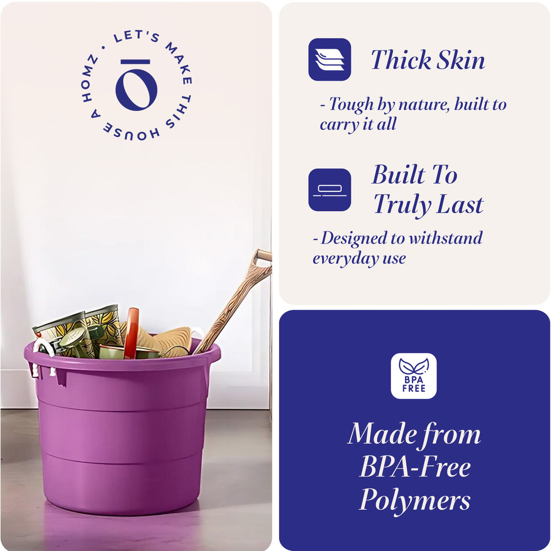 Homz 17 Gallon Indoor Outdoor Storage Bucket w/ Rope Handles, Orchid (2 Pack)