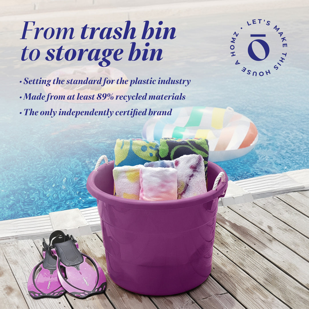 Homz 17 Gallon Indoor Outdoor Storage Bucket w/ Rope Handles, Orchid (2 Pack)