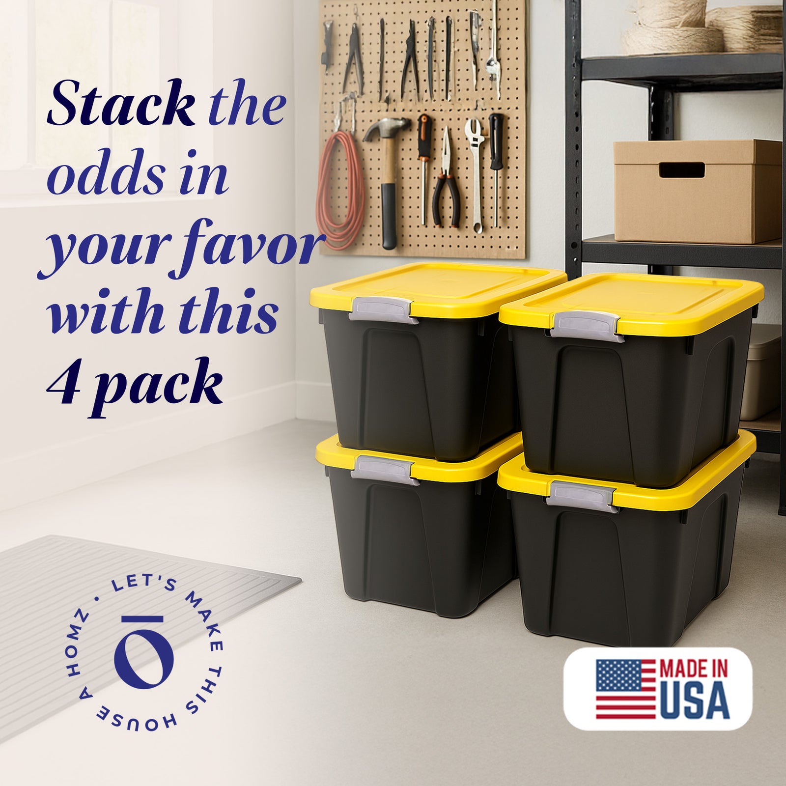 Homz 22 Gallon Durabilt Storage Container w/Latching Lid, Black/Yellow (4 Pack) - VMInnovations