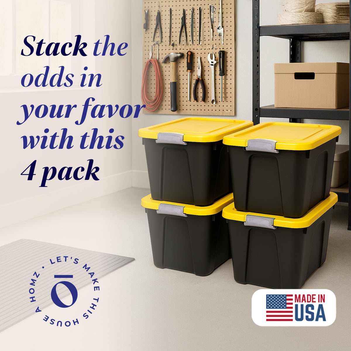 Homz 22 Gallon Durabilt Storage Container w/Latching Lid, Black/Yellow (4 Pack) (Open Box)