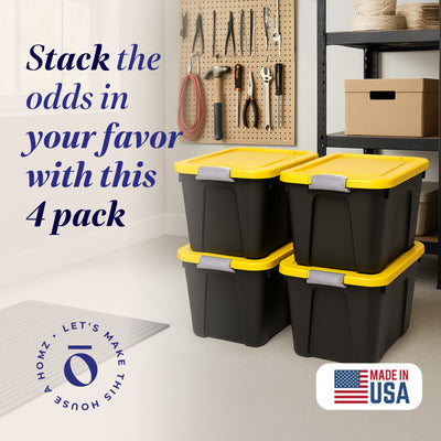 Homz 22 Gallon Durabilt Storage Container w/Latching Lid, Black/Yellow (4 Pack) (Open Box)