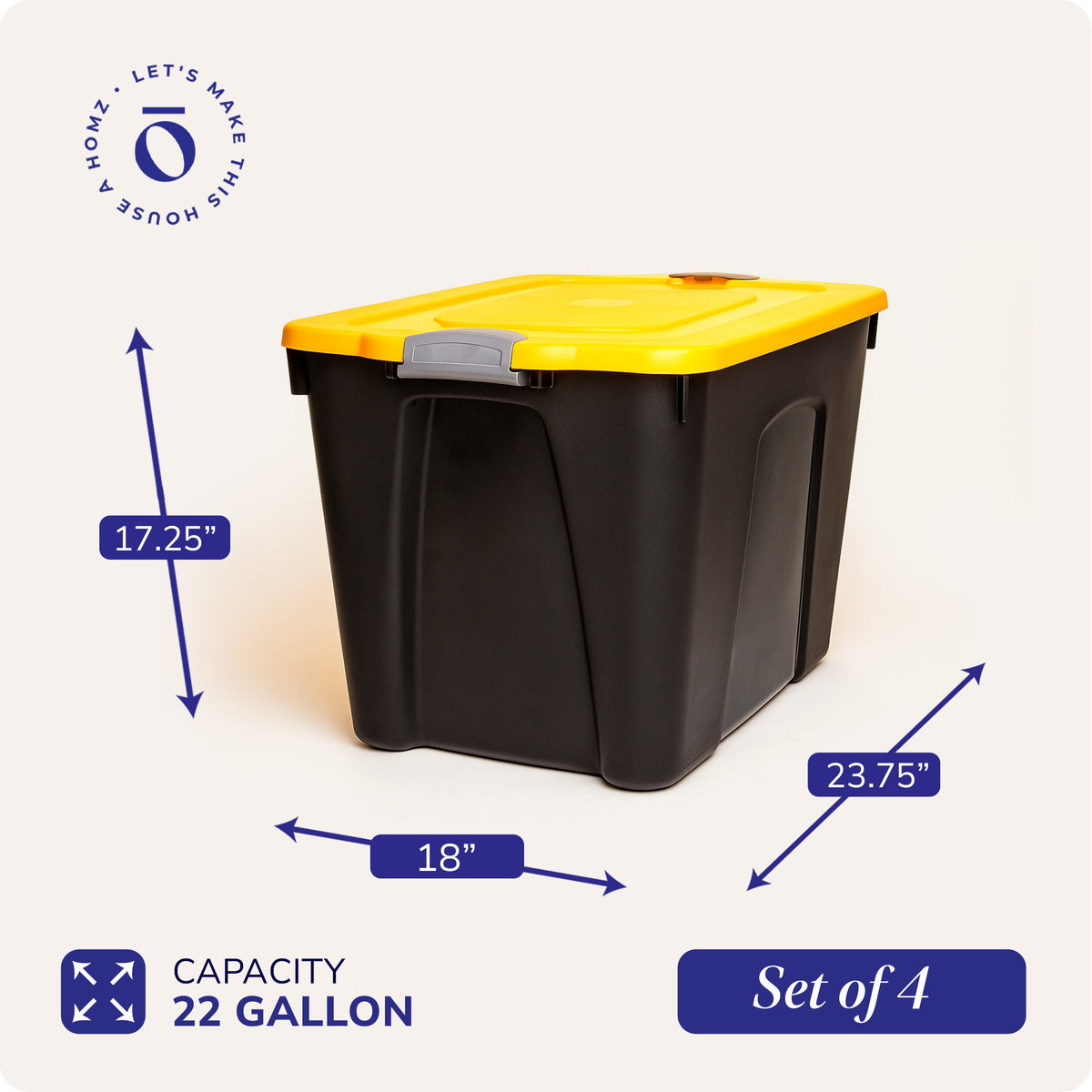 Homz 22 Gallon Durabilt Storage Container w/Latching Lid, Black/Yellow (4 Pack) (Open Box)