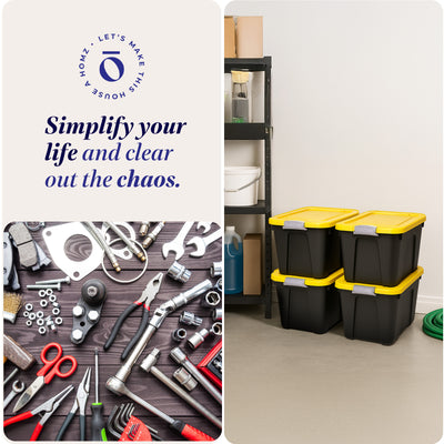 Homz 22 Gallon Durabilt Storage Container w/Latching Lid, Black/Yellow (4 Pack) (Open Box)