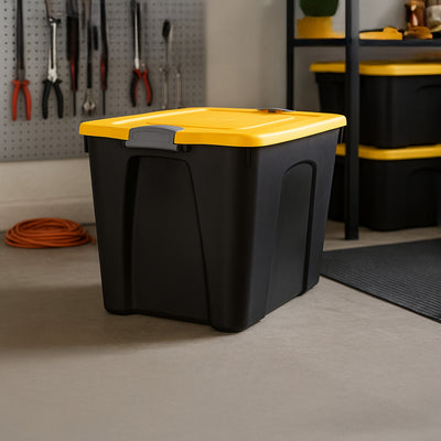 Homz 22 Gallon Durabilt Storage Container w/Latching Lid, Black/Yellow (4 Pack) (Open Box)