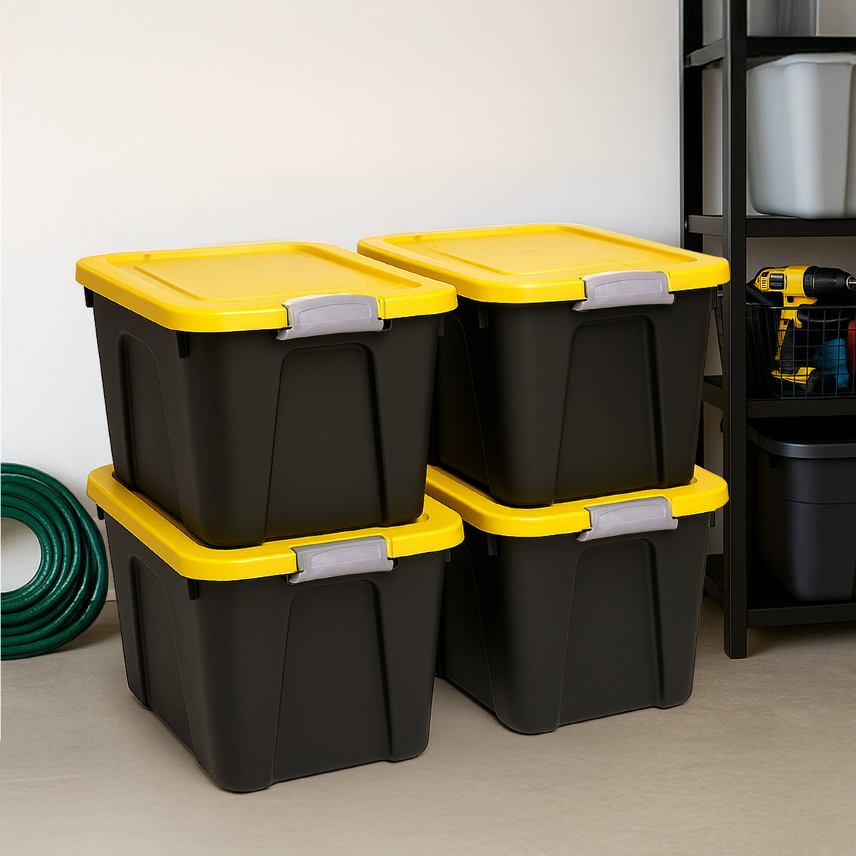 Homz 22 Gallon Durabilt Storage Container w/Latching Lid, Black/Yellow (4 Pack) (Open Box)