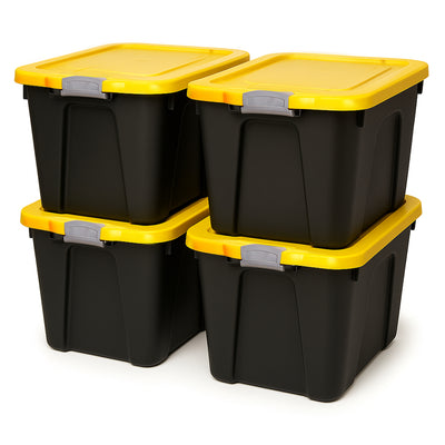 Homz 22 Gallon Durabilt Storage Container w/Latching Lid, Black/Yellow (4 Pack) (Open Box)
