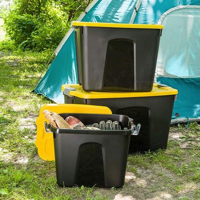 Homz 22 Gallon Durabilt Storage Container w/Latching Lid, Black/Yellow (4 Pack) (Open Box)