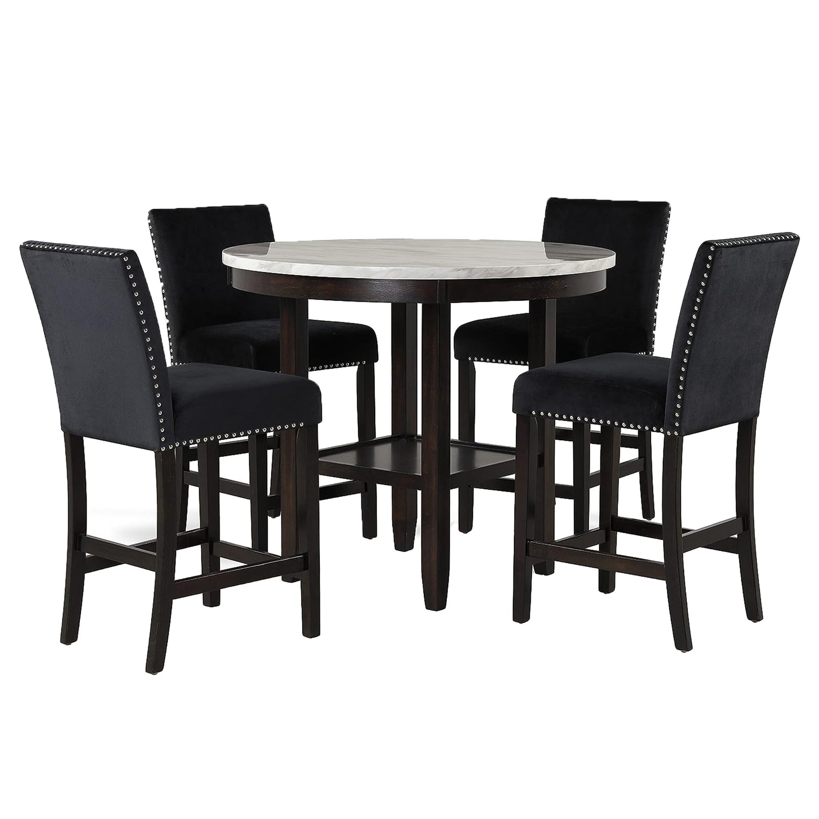 New Classic Furniture Celeste 42" Faux Marble Round Table, & 4 Chair Set, Black - VMInnovations