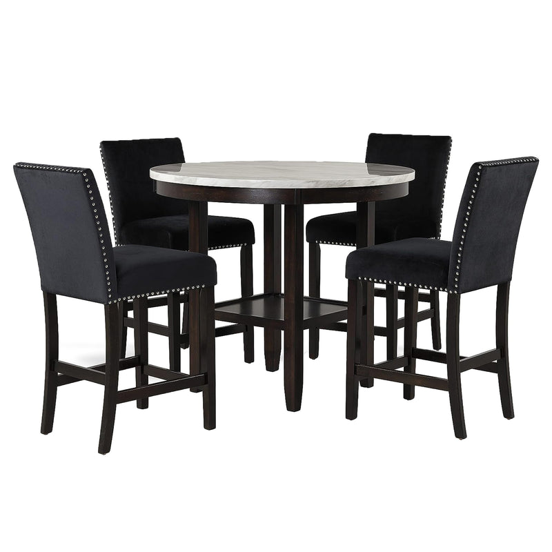 New Classic Furniture Celeste 42" Faux Marble Round Table, & 4 Chair Set, Black