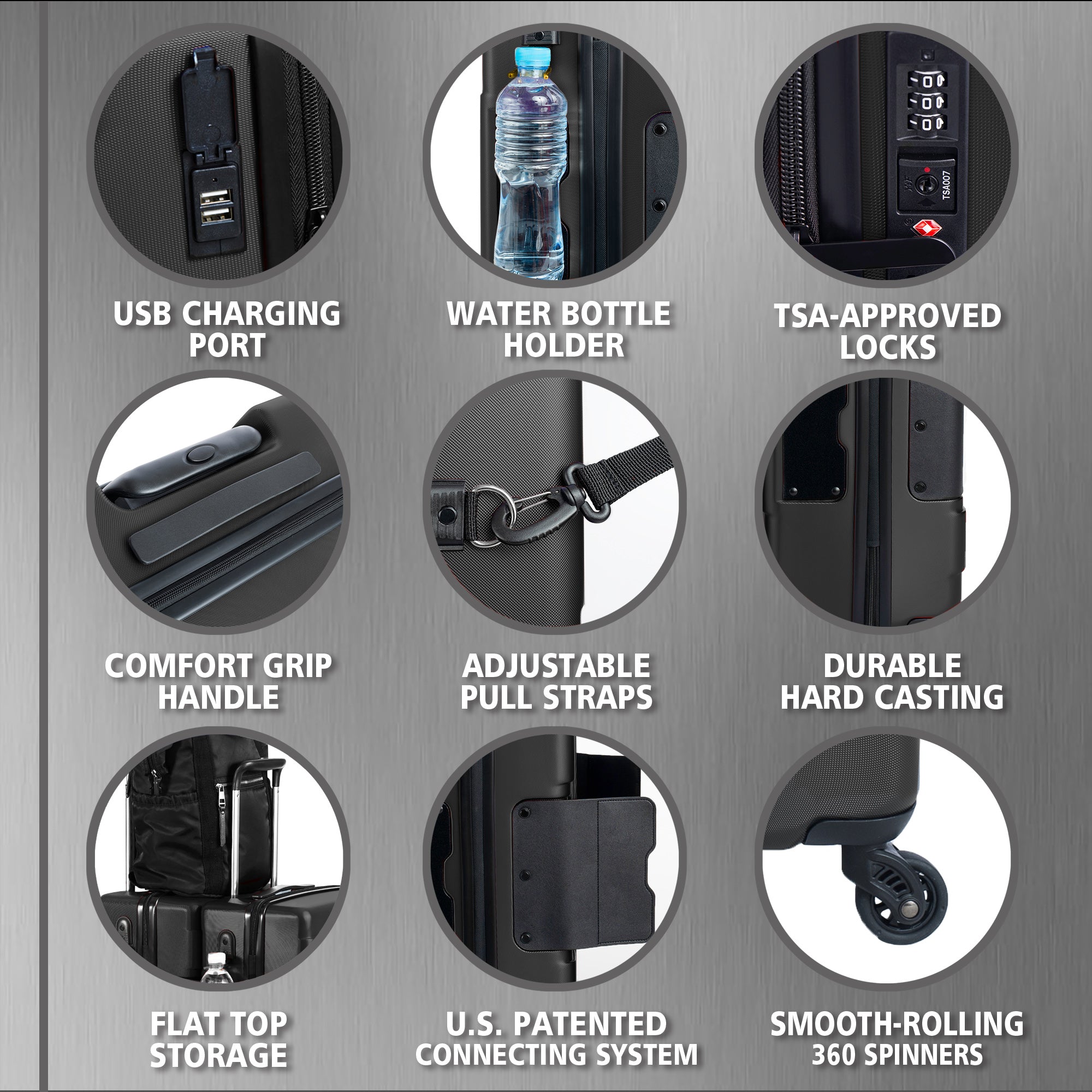 TACH V3 Connectable 2Pc Hard Shell Suitcase Luggage Set w/Spinners, Black (Used) - VMInnovations