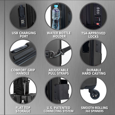 TACH V3 Connectable 2Pc Hard Shell Suitcase Luggage Set w/Spinners, Black (Used) - VMInnovations
