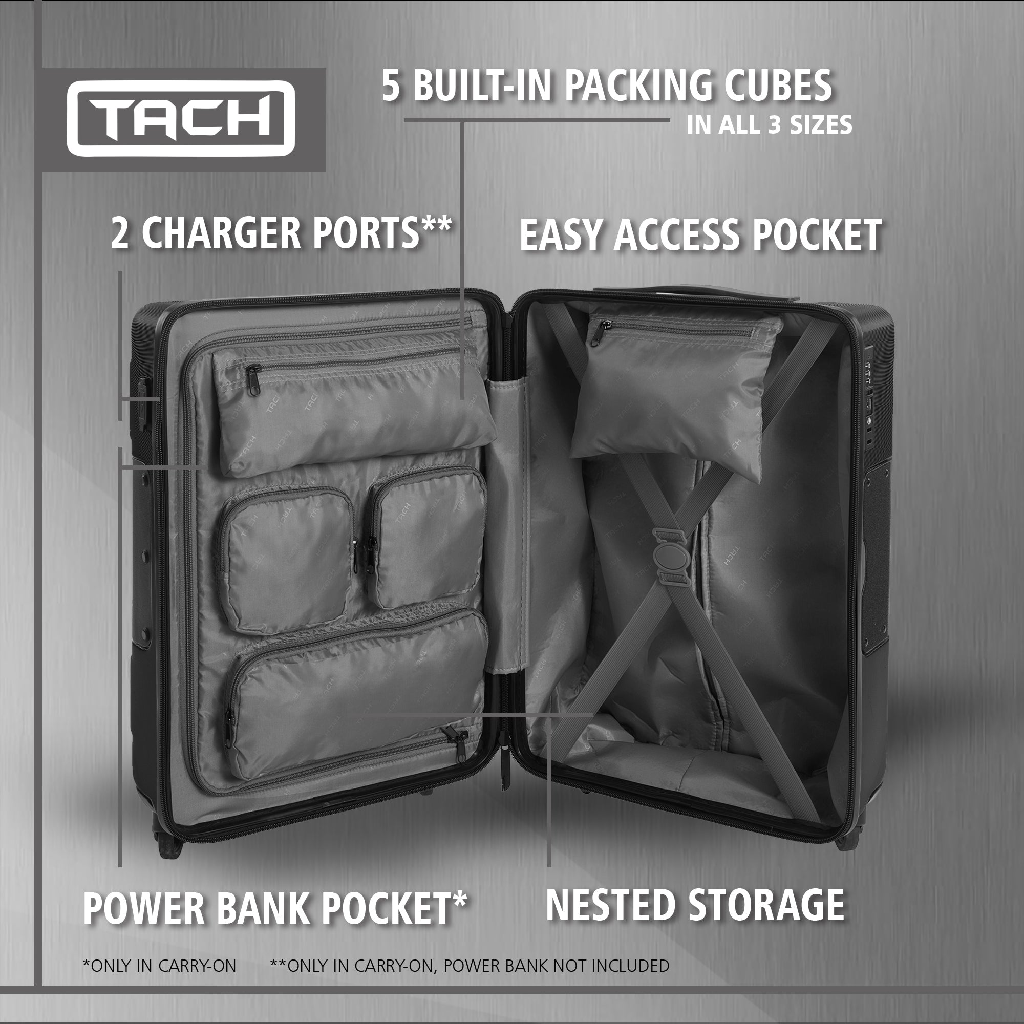 TACH V3 Connectable 2Pc Hard Shell Suitcase Luggage Set w/Spinners, Black (Used) - VMInnovations