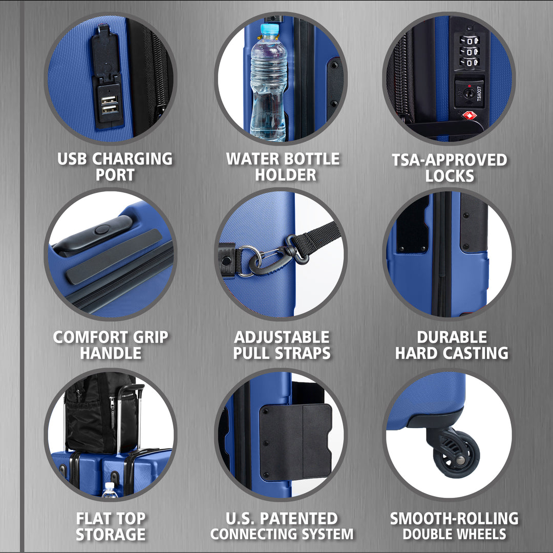 TACH V3 Connectable 2 Piece Hard Spinner Suitcase Luggage Set, Midnight Blue - VMInnovations