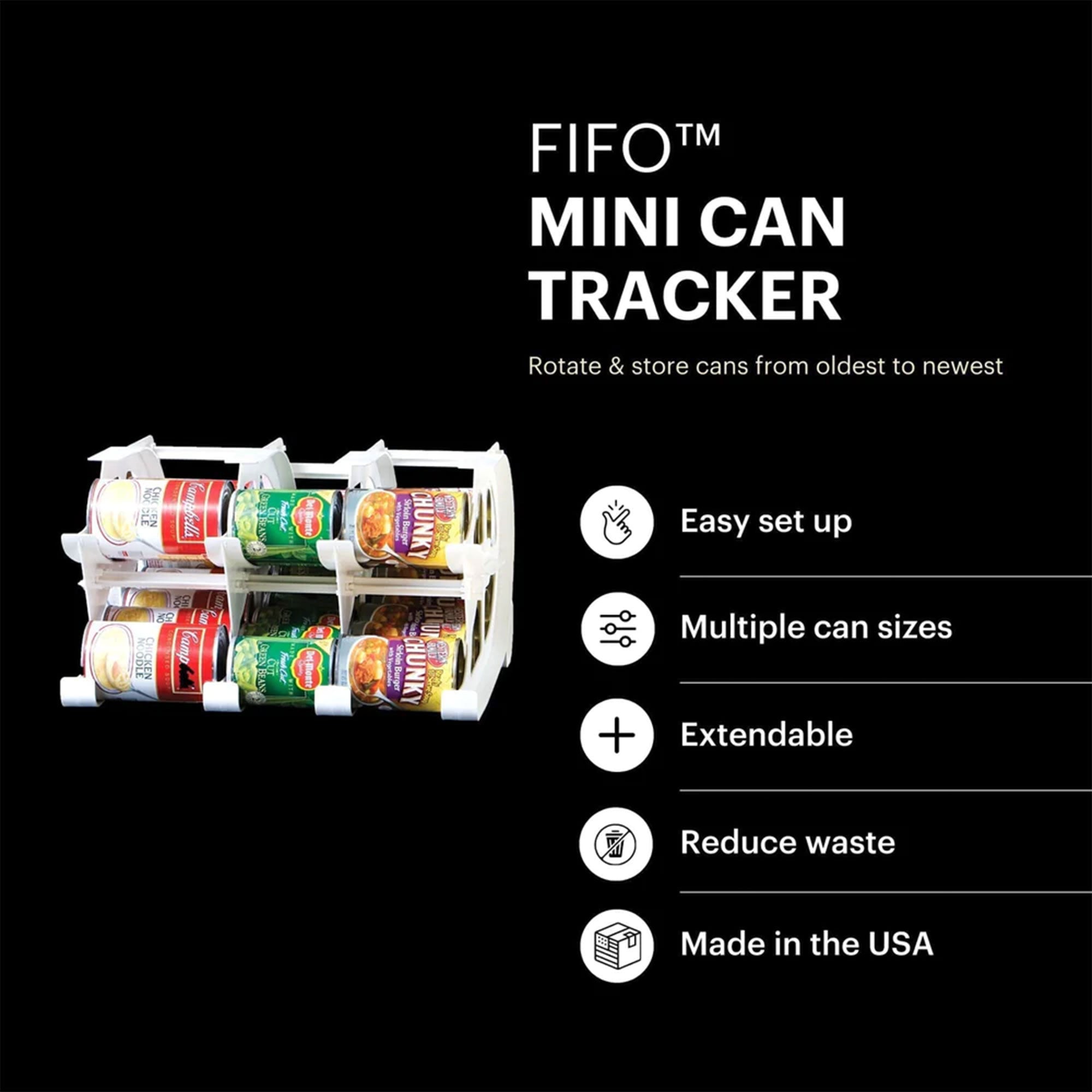 FIFO Countertop Mini Can Tracker Holds 30 10 to 24 Oz Can Sizes, USA Made, White - VMInnovations