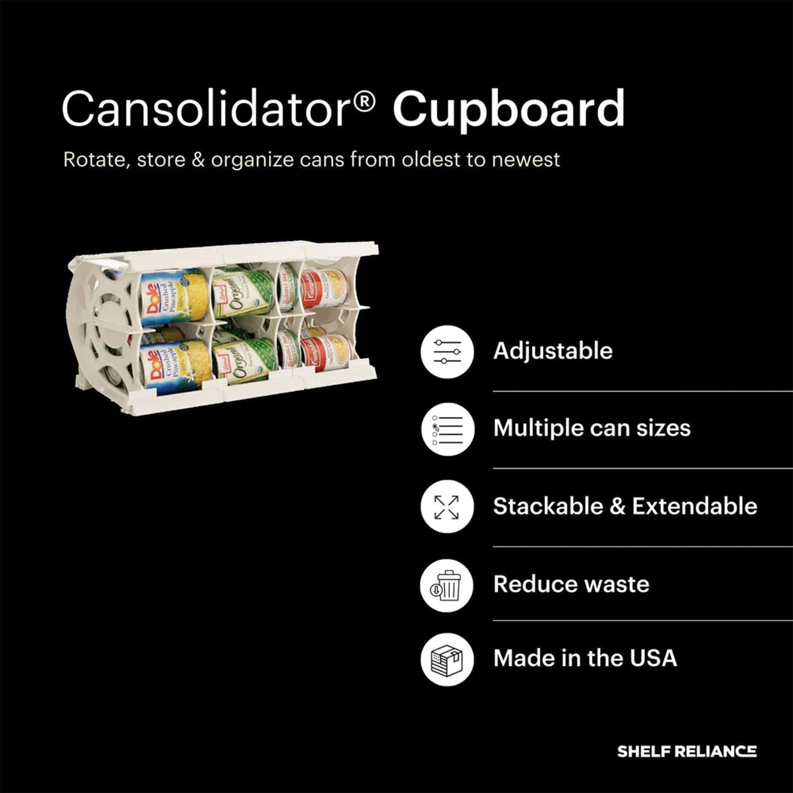 Shelf Reliance Cansolidator 20 Can Rotating Canned Food & Soda Storage, USA Made - VMInnovations