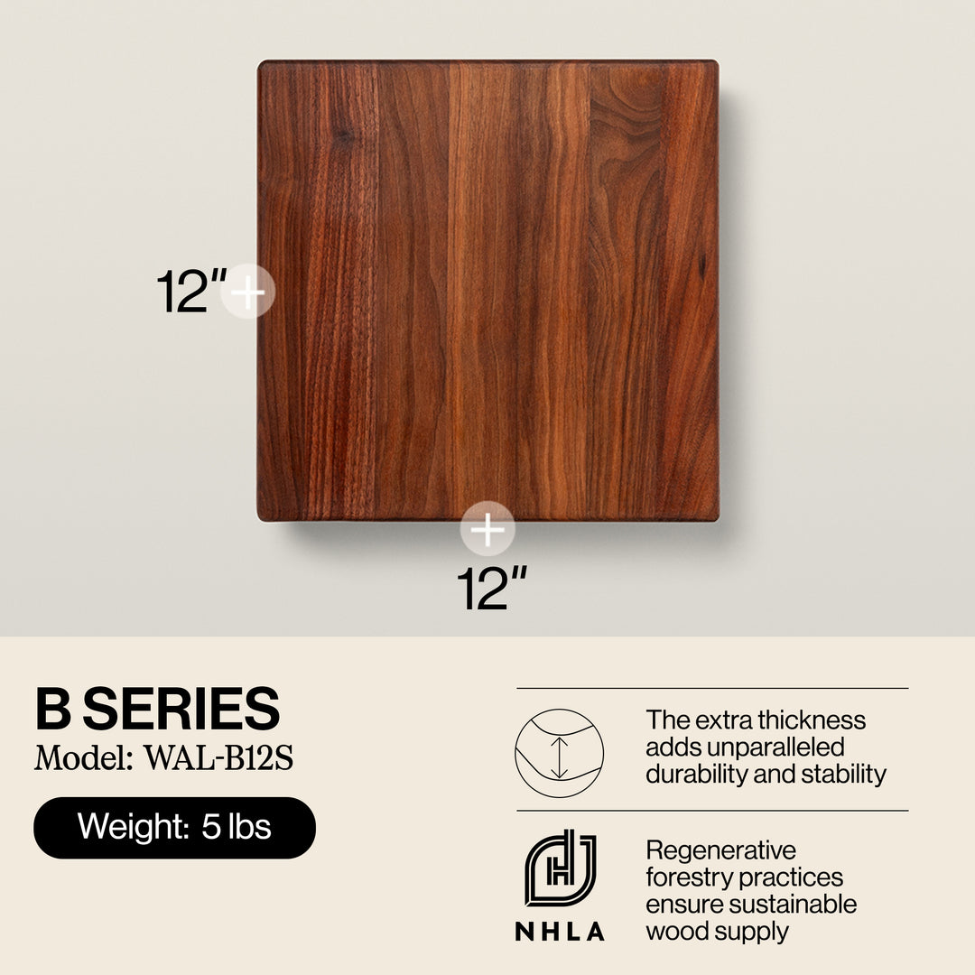 John Boos Small Walnut Wood Edge Grain Cutting Board for Kitchen, 12"x12"x1.5"