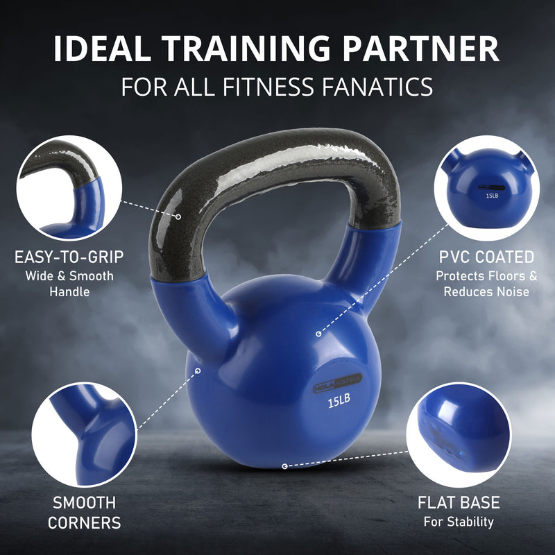 HolaHatha 15 Pound Solid Cast Iron Workout Kettlebell for Home Strength Training