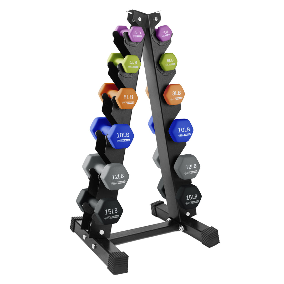 HolaHatha 3, 5, 8, 10, 12 & 15 Pound Neoprene Hex Dumbbell Weight & Storage Rack